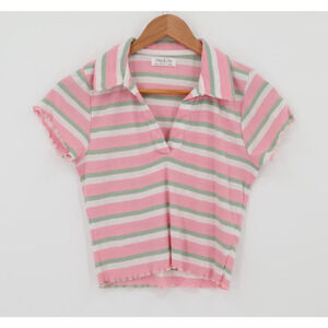 Y2K Preppy Polo Crop Top Pink Green Striped Ribbed 90s Soft Girl Pastel Size L